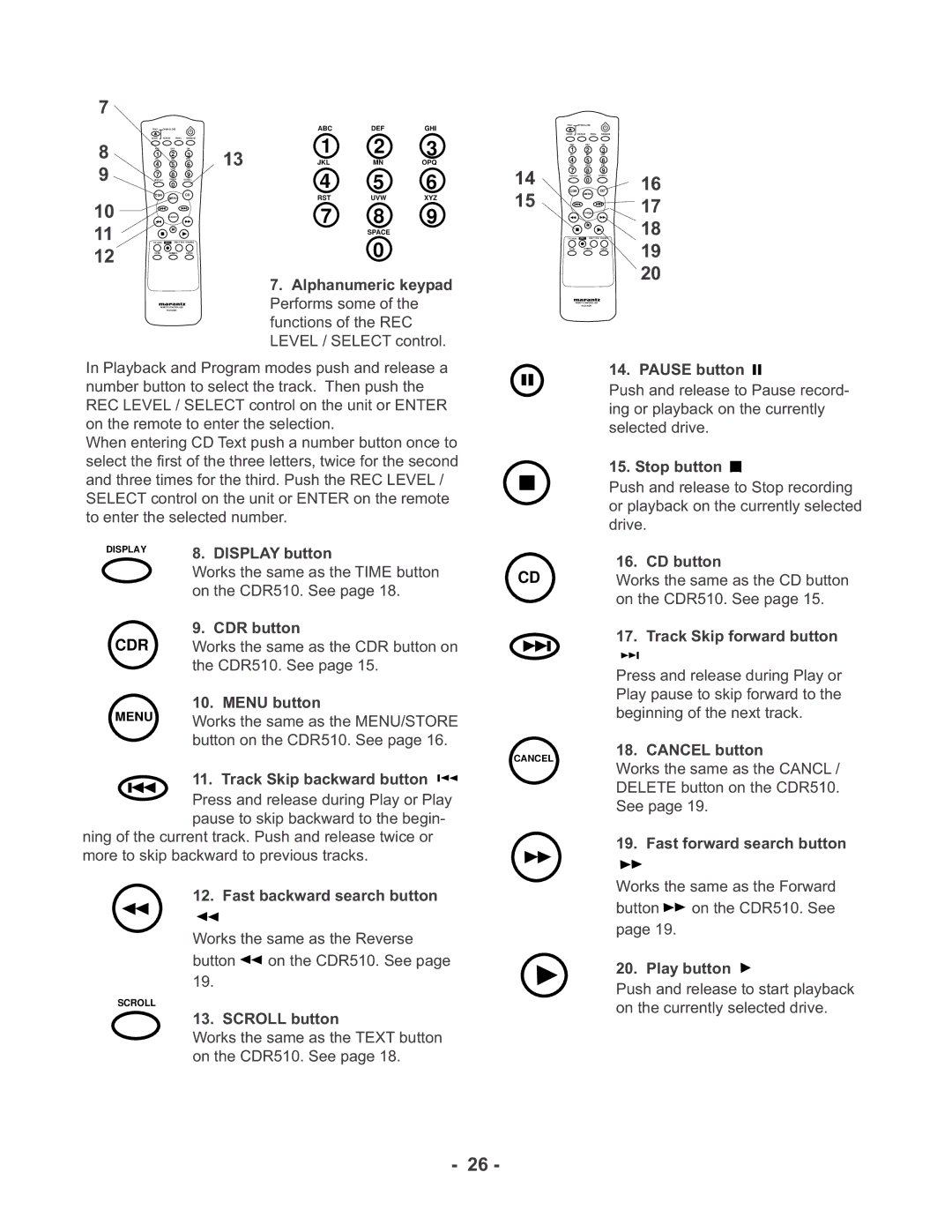 Marantz CDR510 Pause button, Stop button, Display button, CDR button, Menu button, Track Skip backward button CD button 