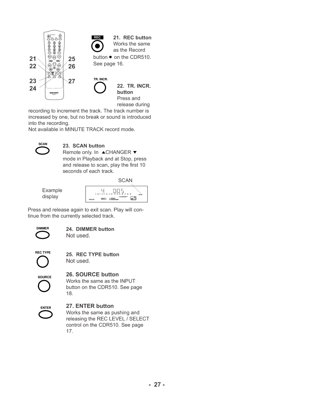 Marantz CDR510 manual Source button, Enter button 