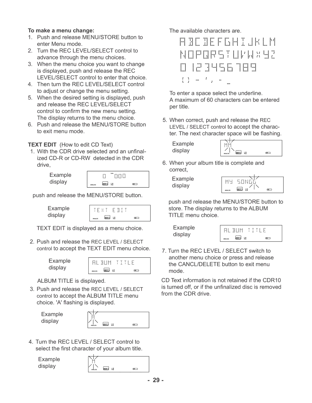 Marantz CDR510 manual To make a menu change, Example 