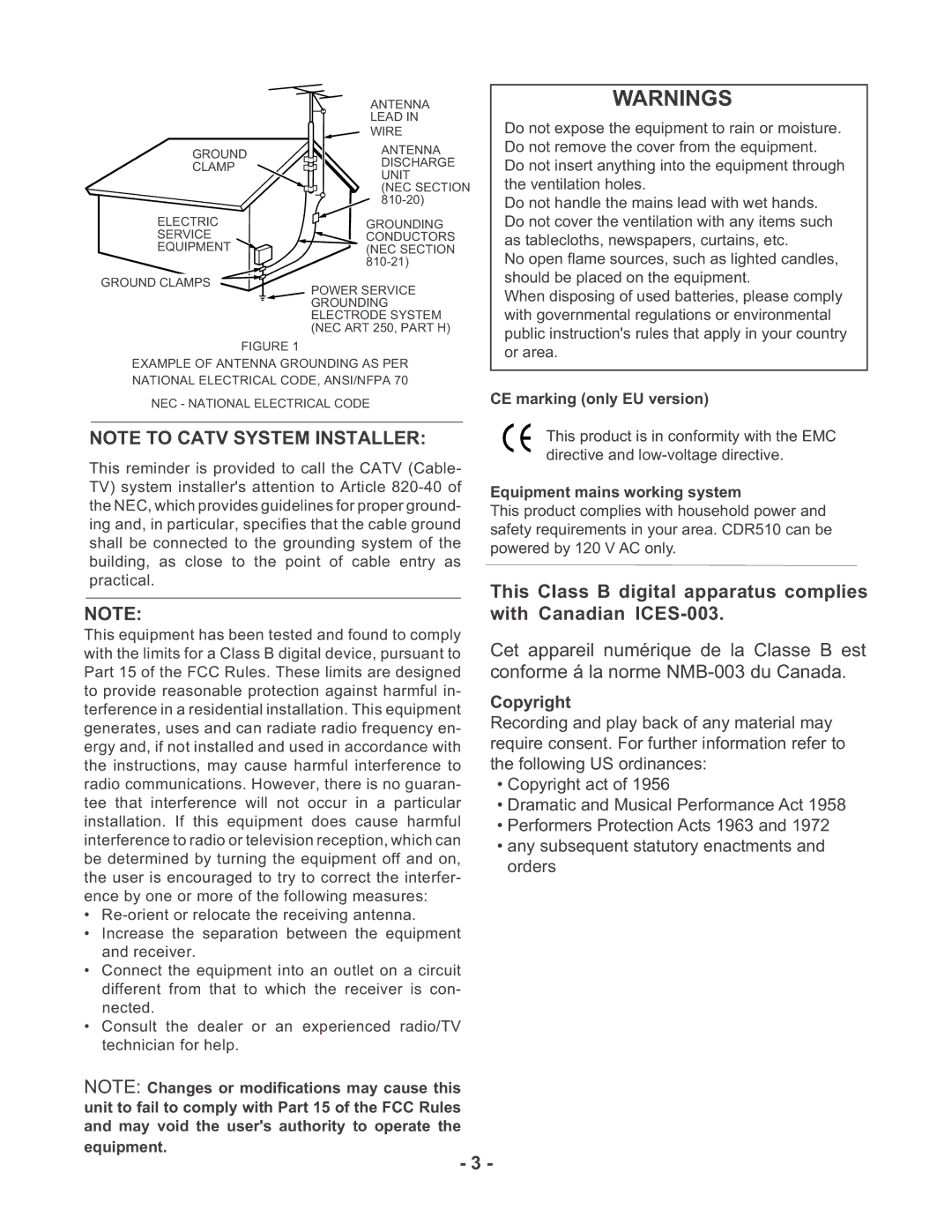 Marantz CDR510 manual Copyright, CE marking only EU version, Equipment mains working system 