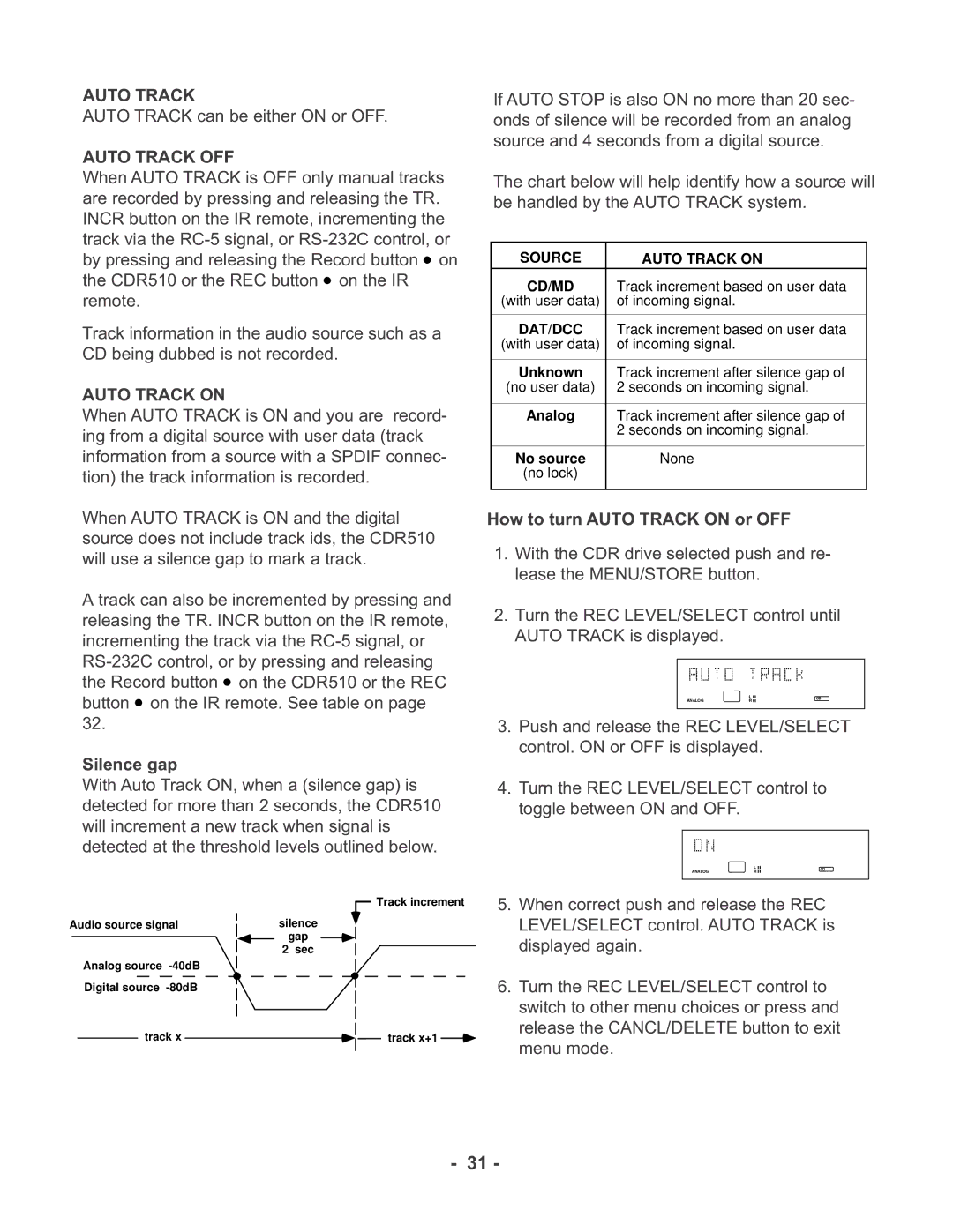 Marantz CDR510 manual Auto Track OFF, Silence gap, How to turn Auto Track on or OFF 