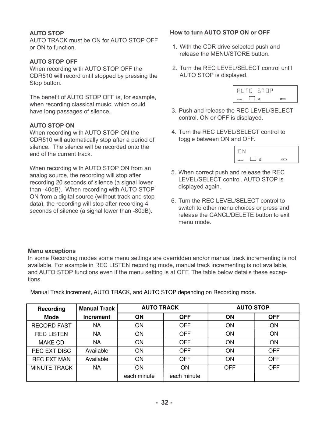 Marantz CDR510 manual Auto Stop OFF, How to turn Auto Stop on or OFF, Menu exceptions 