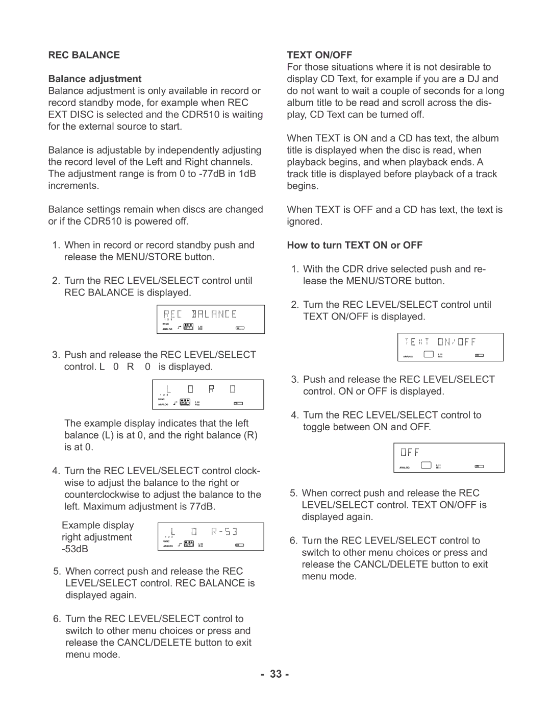 Marantz CDR510 manual REC Balance, Text ON/OFF 