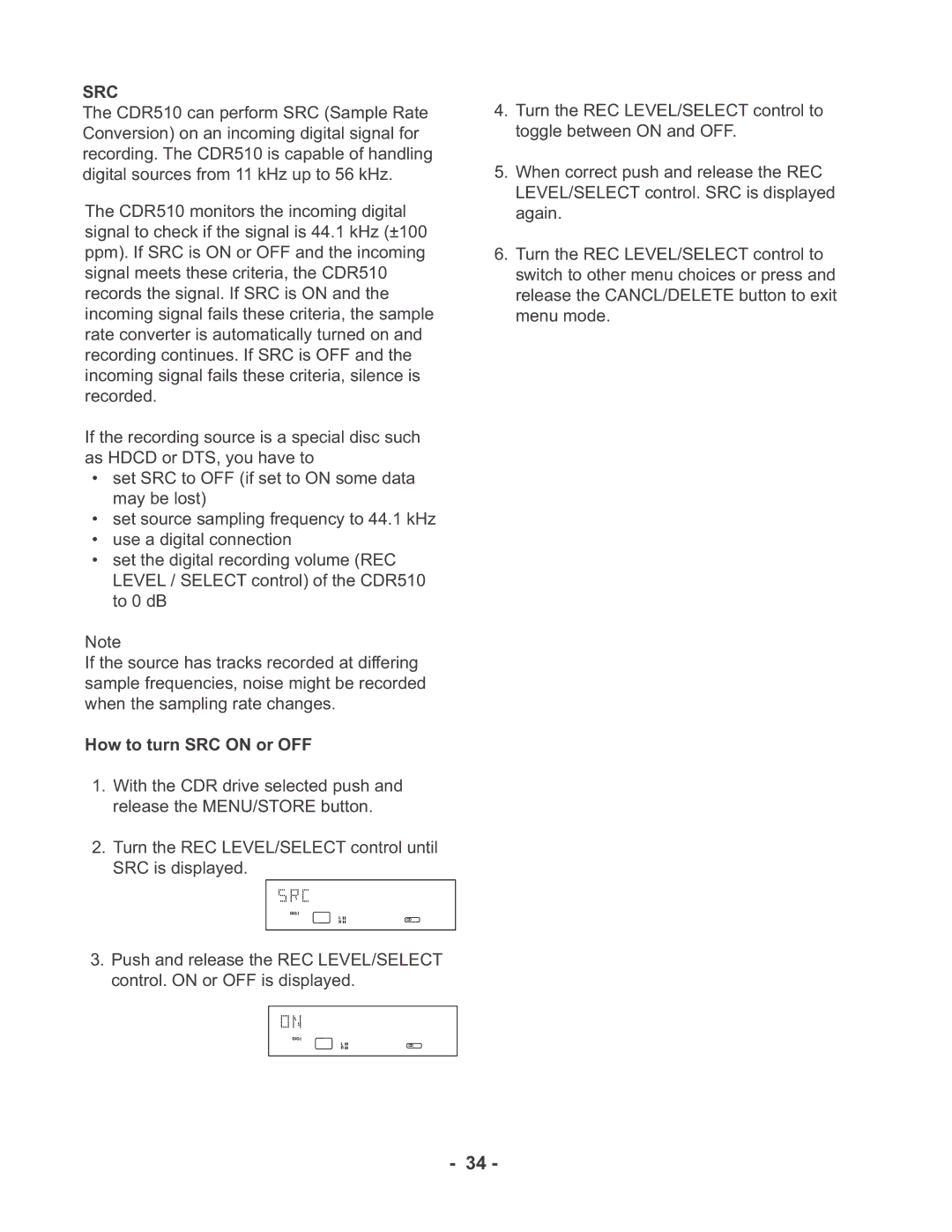 Marantz CDR510 manual Src, How to turn SRC on or OFF 