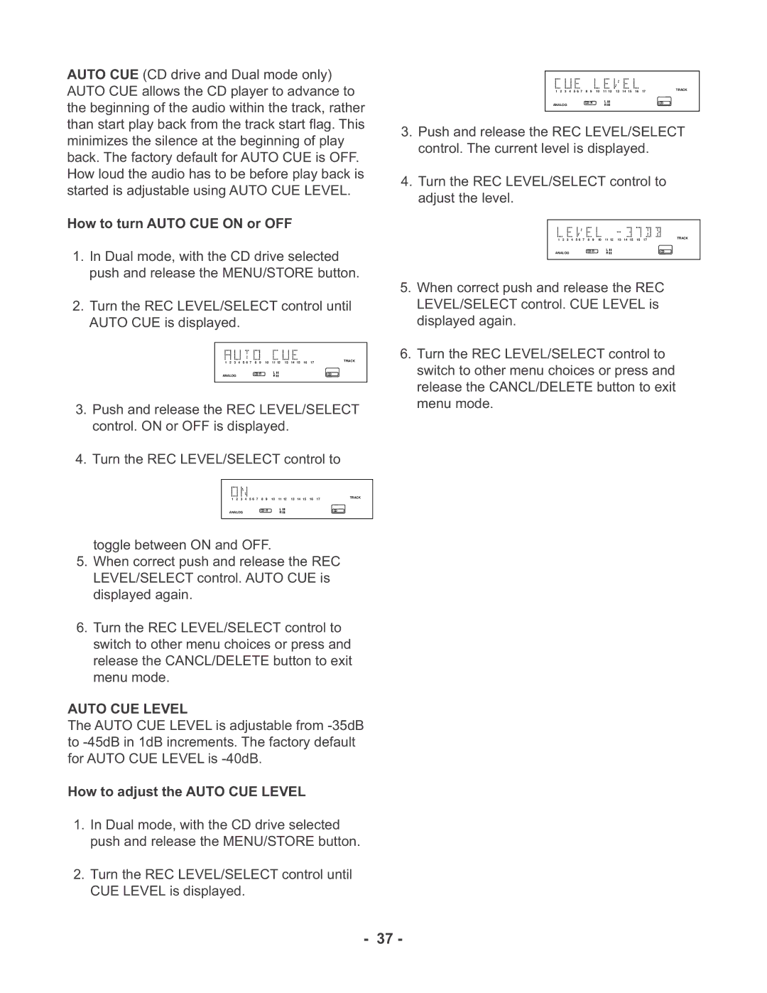 Marantz CDR510 manual How to turn Auto CUE on or OFF, How to adjust the Auto CUE Level 