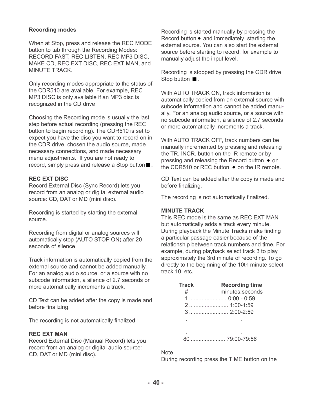 Marantz CDR510 manual Recording modes, REC EXT Disc, Rec Ext Man, Minute Track 