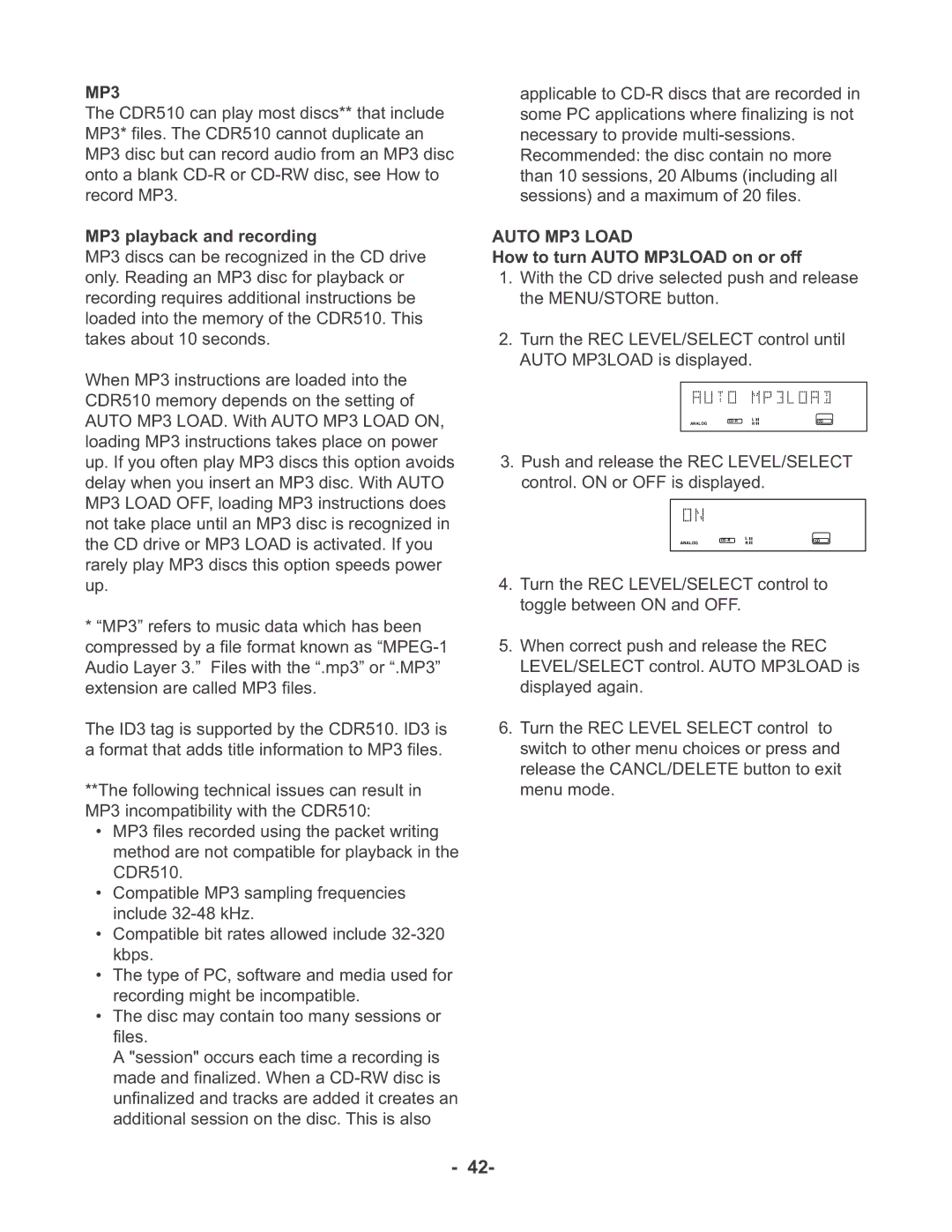 Marantz CDR510 manual MP3 playback and recording, Auto MP3 Load, How to turn Auto MP3LOAD on or off 