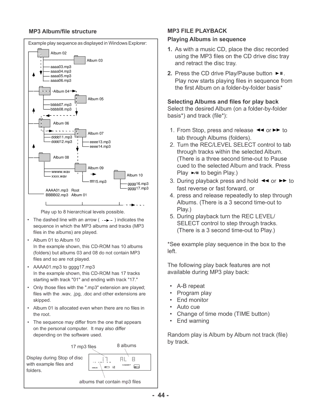 Marantz CDR510 manual MP3 Album/file structure, MP3 File Playback, Playing Albums in sequence 