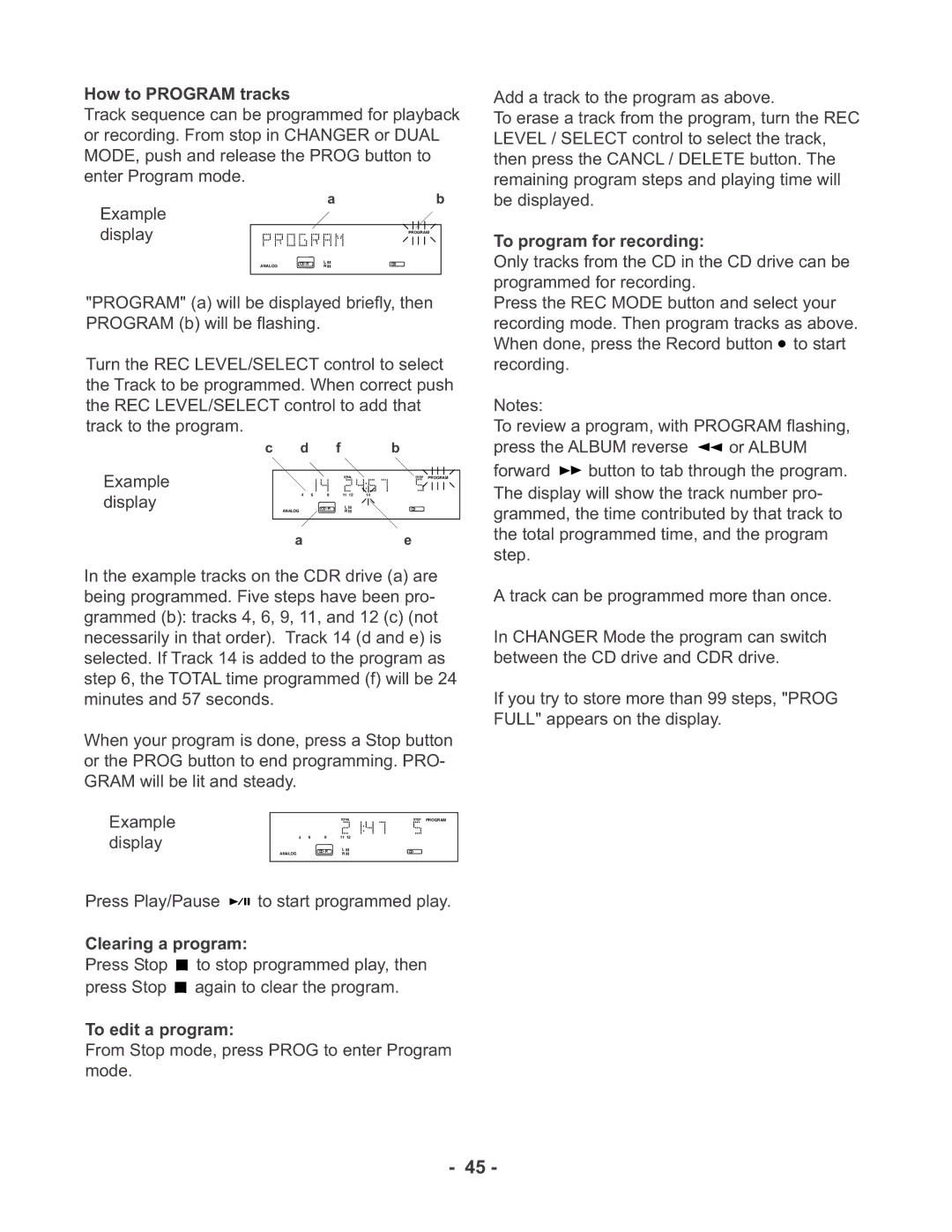 Marantz CDR510 manual How to Program tracks, Clearing a program, To edit a program, To program for recording 