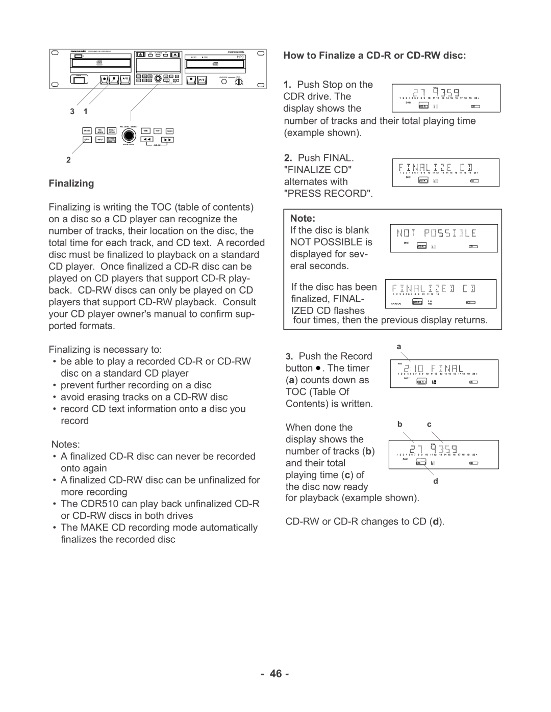 Marantz CDR510 manual Finalize CD 