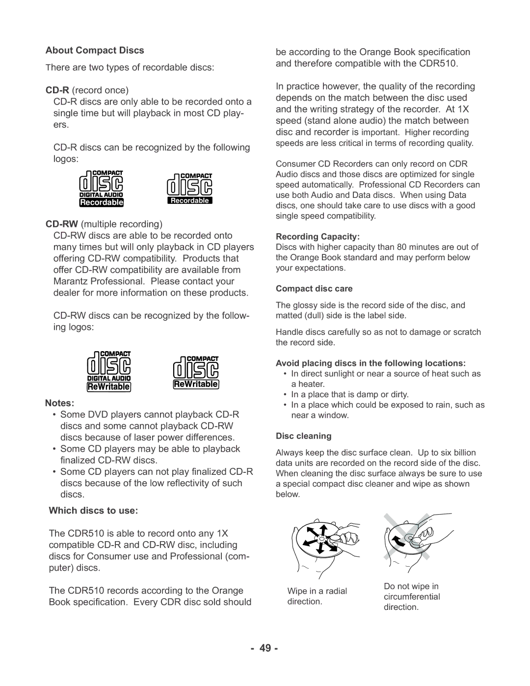 Marantz CDR510 manual About Compact Discs, Which discs to use 