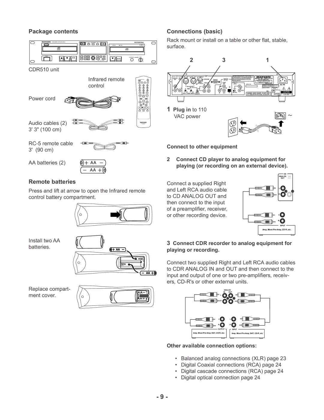 Marantz CDR510 manual Package contents Connections basic, Remote batteries 