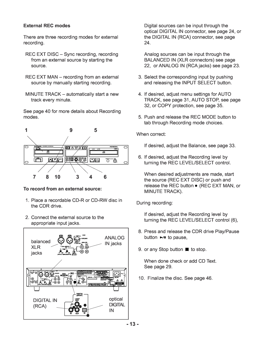 Marantz CDR510 manual External REC modes 