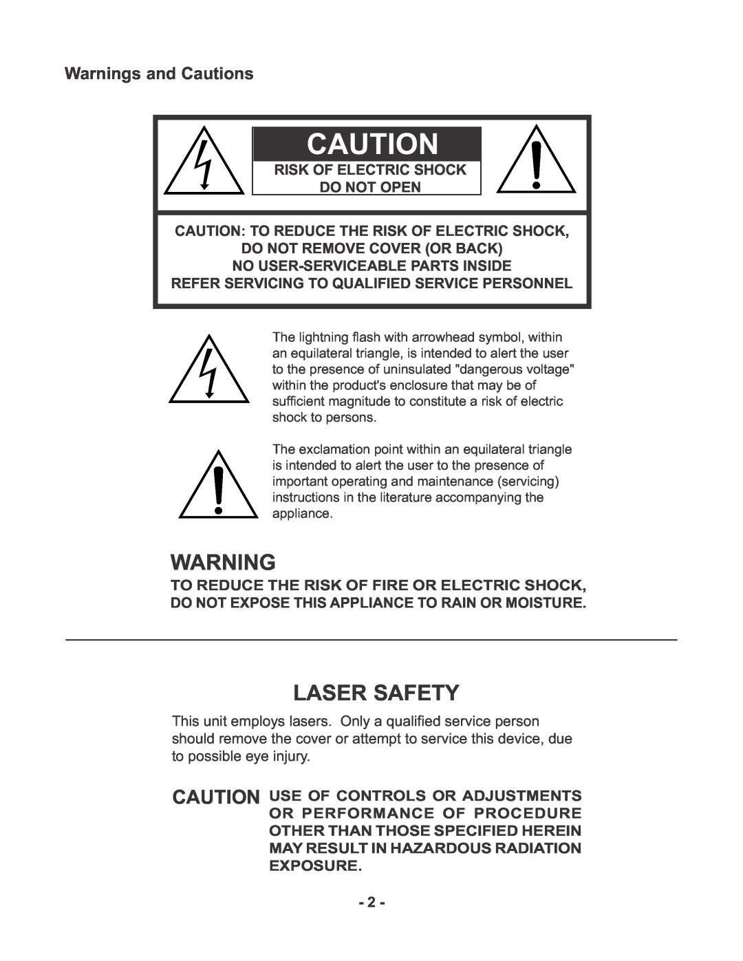 Marantz CDR510 manual Warnings and Cautions, Do Not Open, Do Not Remove Cover Or Back, Laser Safety 