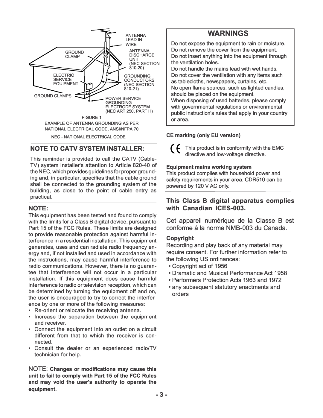 Marantz CDR510 manual Warnings, Note To Catv System Installer 