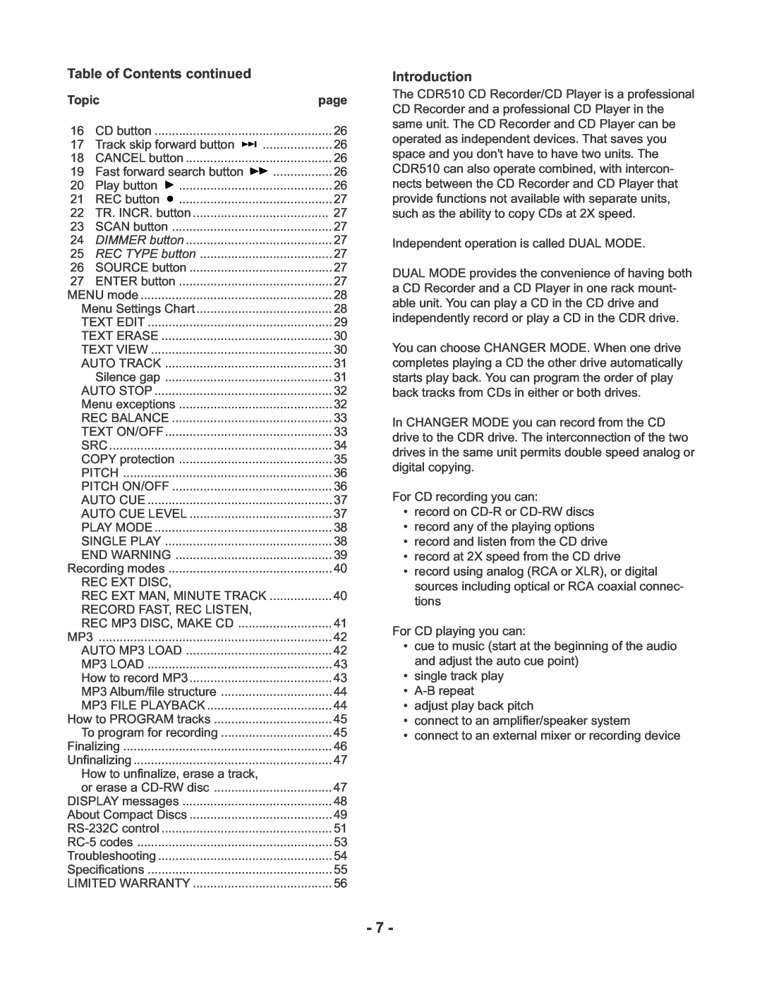 Marantz CDR510 manual Table of Contents continued, Introduction 