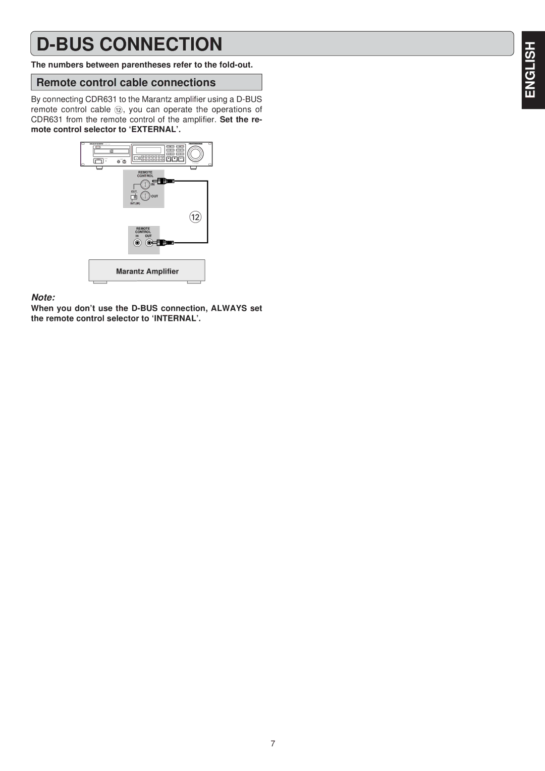 Marantz CDR631 manual BUS Connection, Remote control cable connections, Mote control selector to ‘EXTERNAL’ 