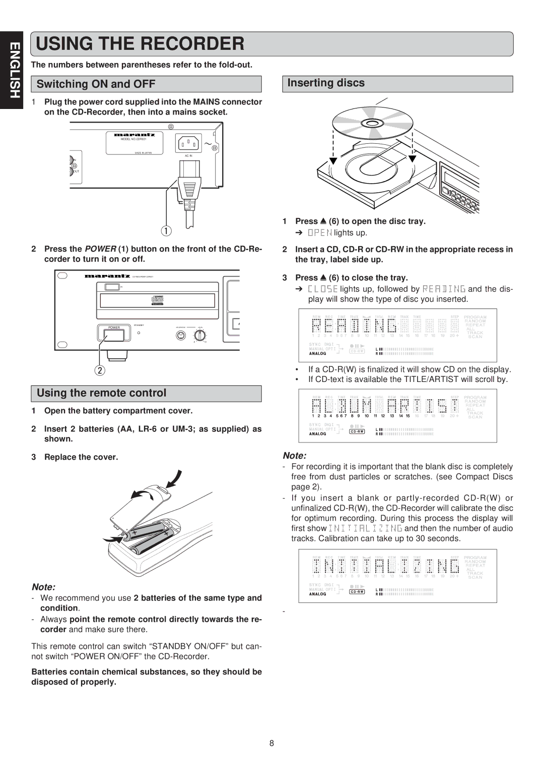 Marantz CDR631 manual Using the Recorder, Switching on and OFF Inserting discs, Using the remote control 