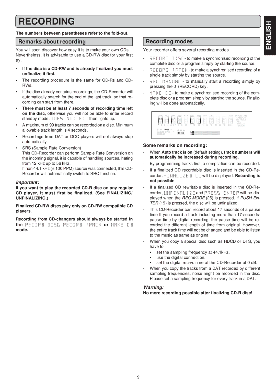 Marantz CDR631 manual Remarks about recording, Recording modes, Some remarks on recording 