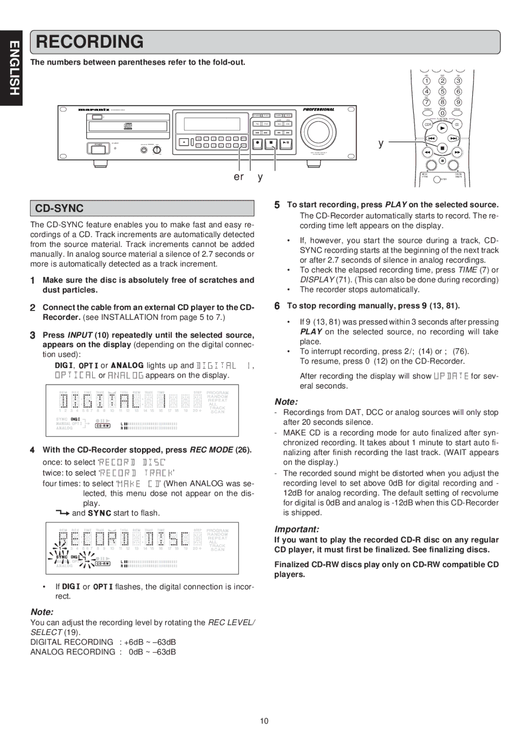 Marantz CDR631 To start recording, press Play on the selected source, To stop recording manually, press 9 13 