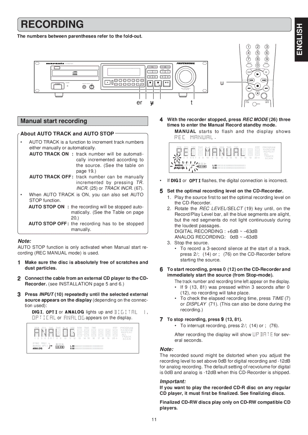 Marantz CDR631 Manual start recording, About Auto Track and Auto Stop, Set the optimal recording level on the CD-Recorder 