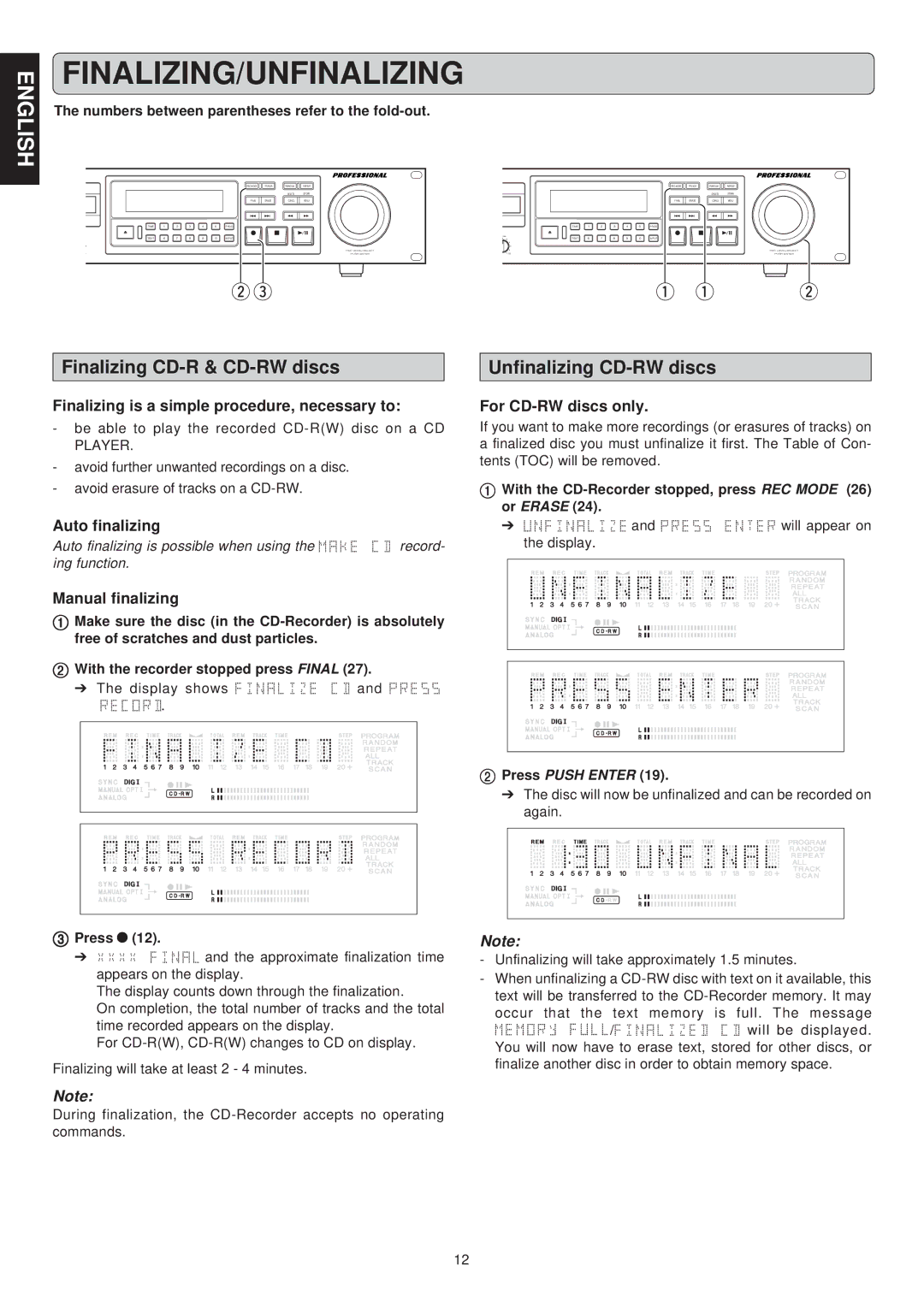 Marantz CDR631 manual Finalizing/Unfinalizing, Finalizing CD-R & CD-RW discs, Unfinalizing CD-RW discs 