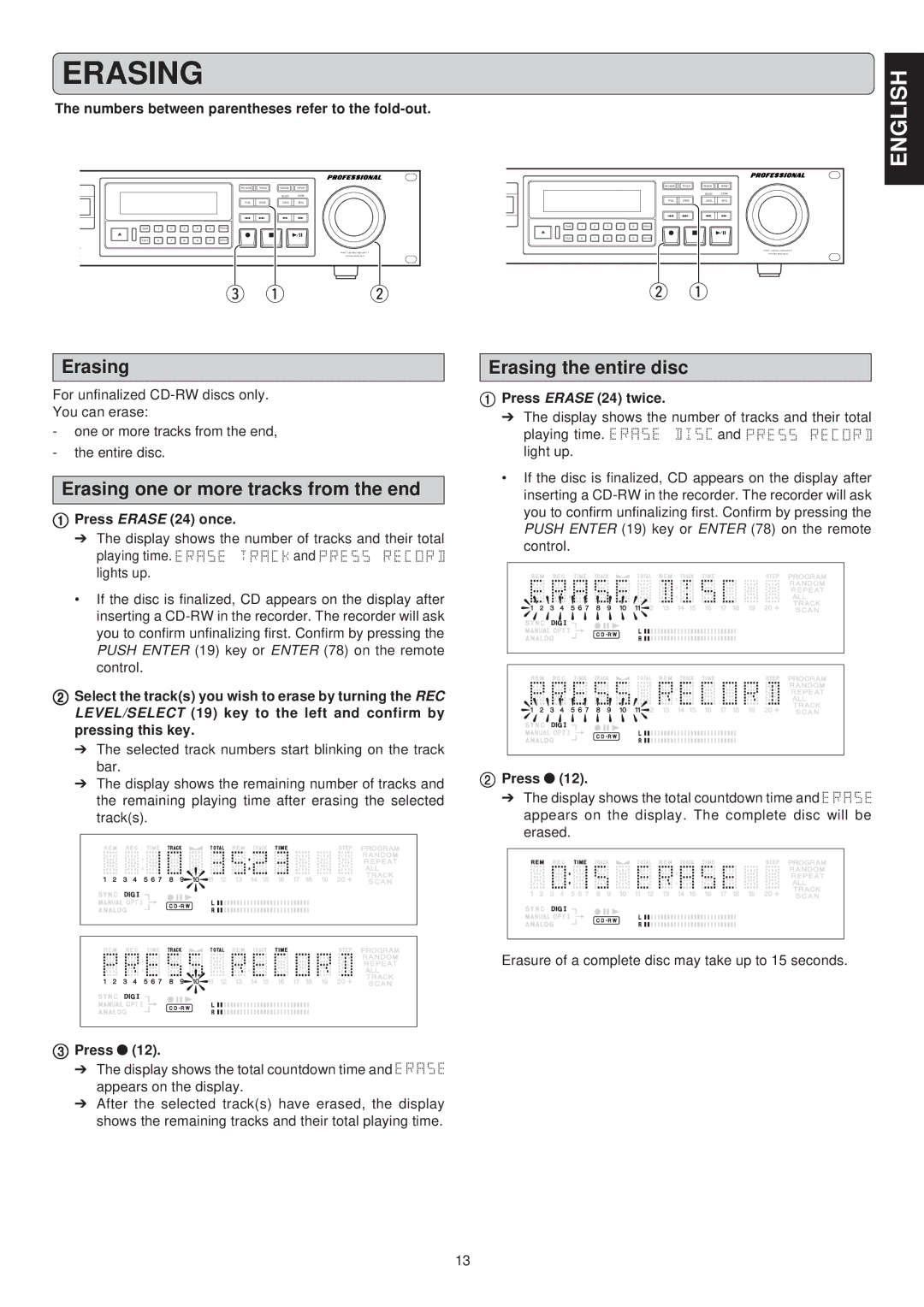 Marantz CDR631 manual Erasing one or more tracks from the end, Erasing the entire disc 