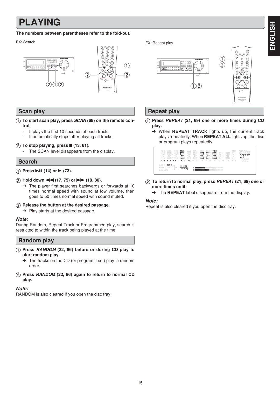 Marantz CDR631 manual Scan play, Search, Random play, Repeat play 