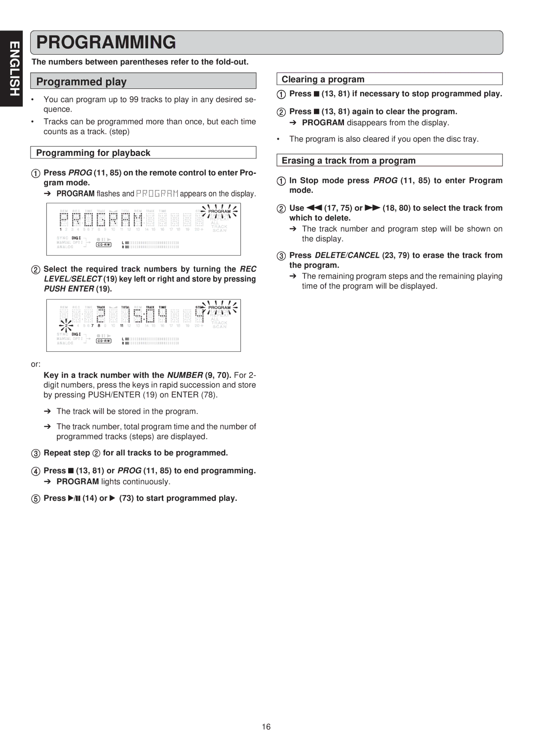 Marantz CDR631 manual Programmed play, Programming for playback, Clearing a program, Erasing a track from a program 