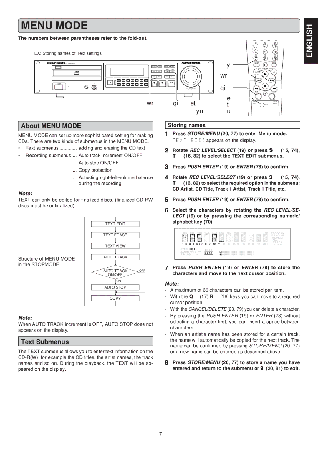 Marantz CDR631 manual About Menu Mode, Text Submenus, Storing names, Press Push Enter 19 or Enter 78 to confirm 