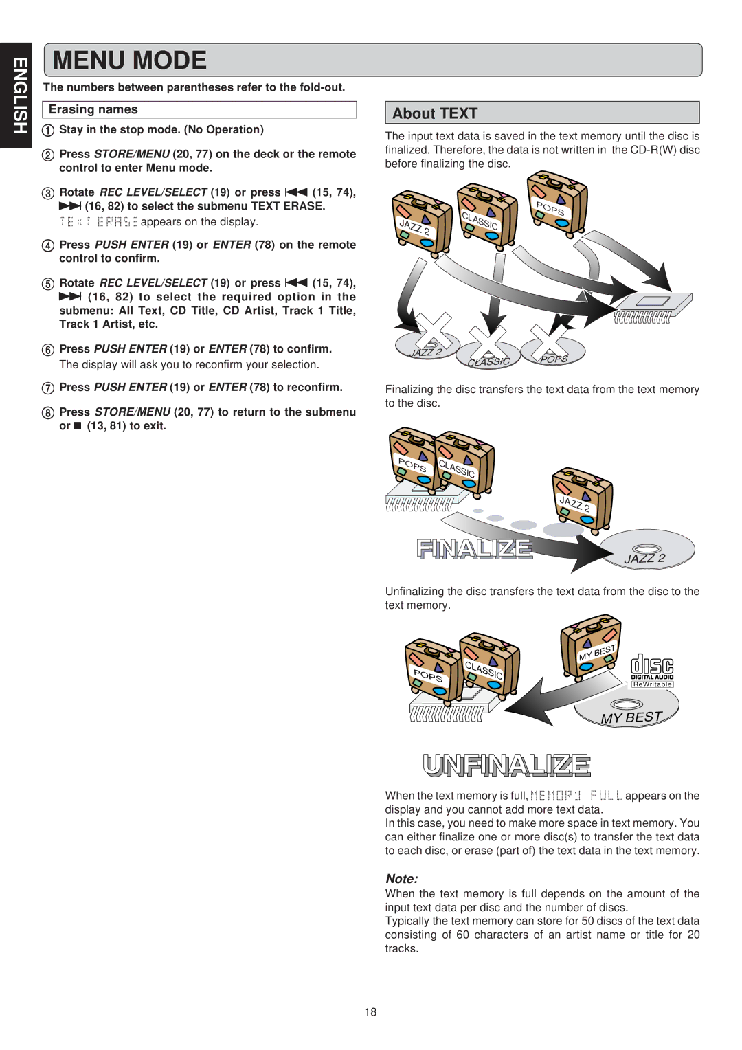 Marantz CDR631 manual About Text, Erasing names 