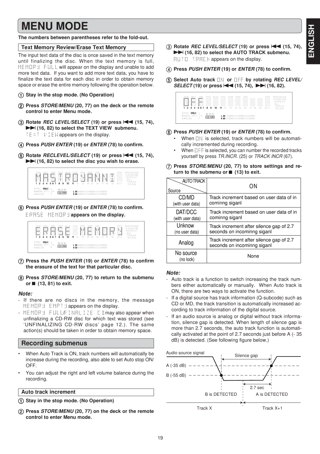 Marantz CDR631 manual Recording submenus, Text Memory Review/Erase Text Memory, Auto track increment 