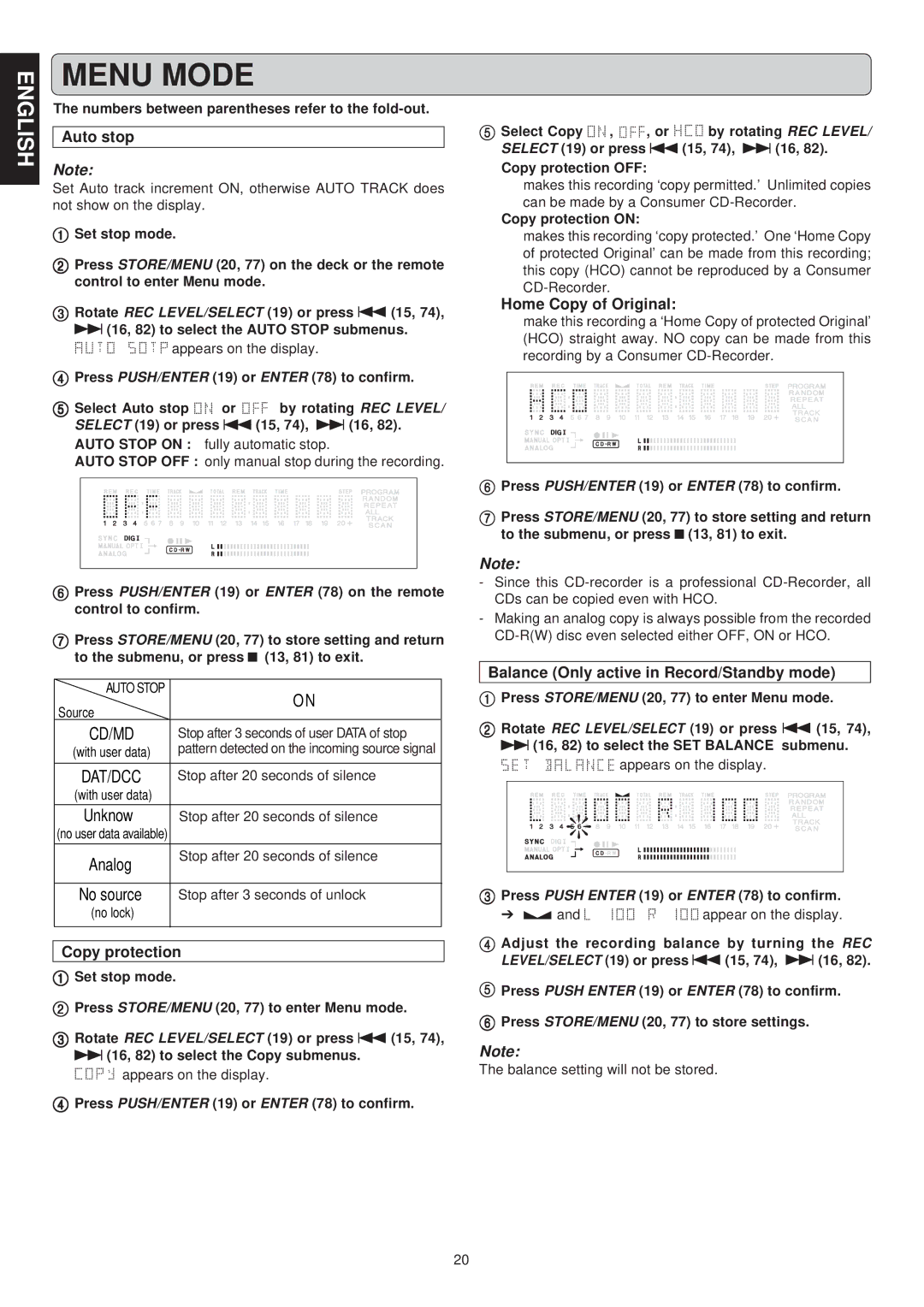 Marantz CDR631 manual Auto stop, Copy protection, Home Copy of Original, Balance Only active in Record/Standby mode 