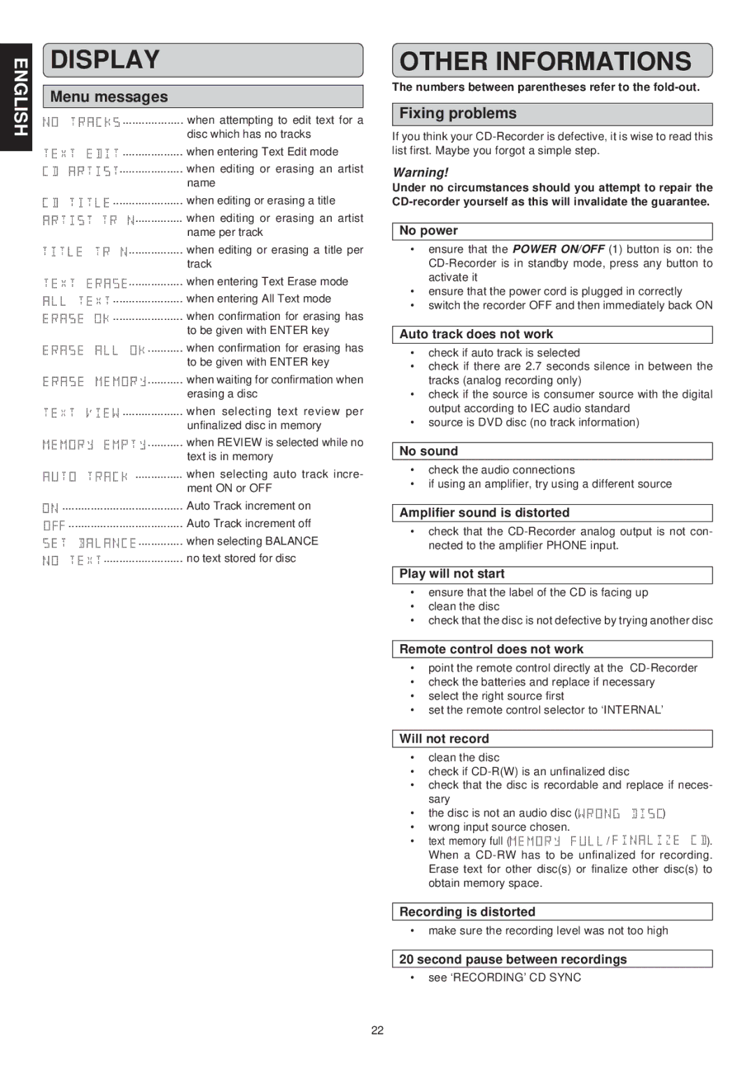 Marantz CDR631 manual Other Informations, Menu messages, Fixing problems 