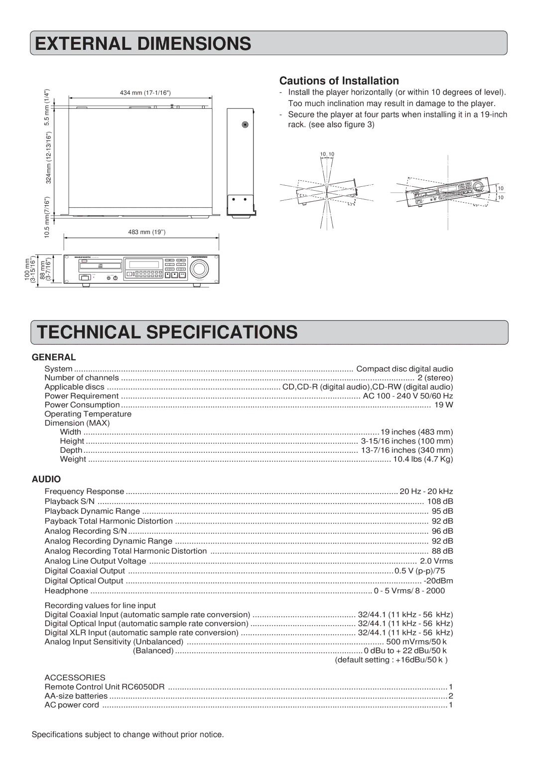 Marantz CDR631 manual External Dimensions, Technical Specifications, Specifications subject to change without prior notice 