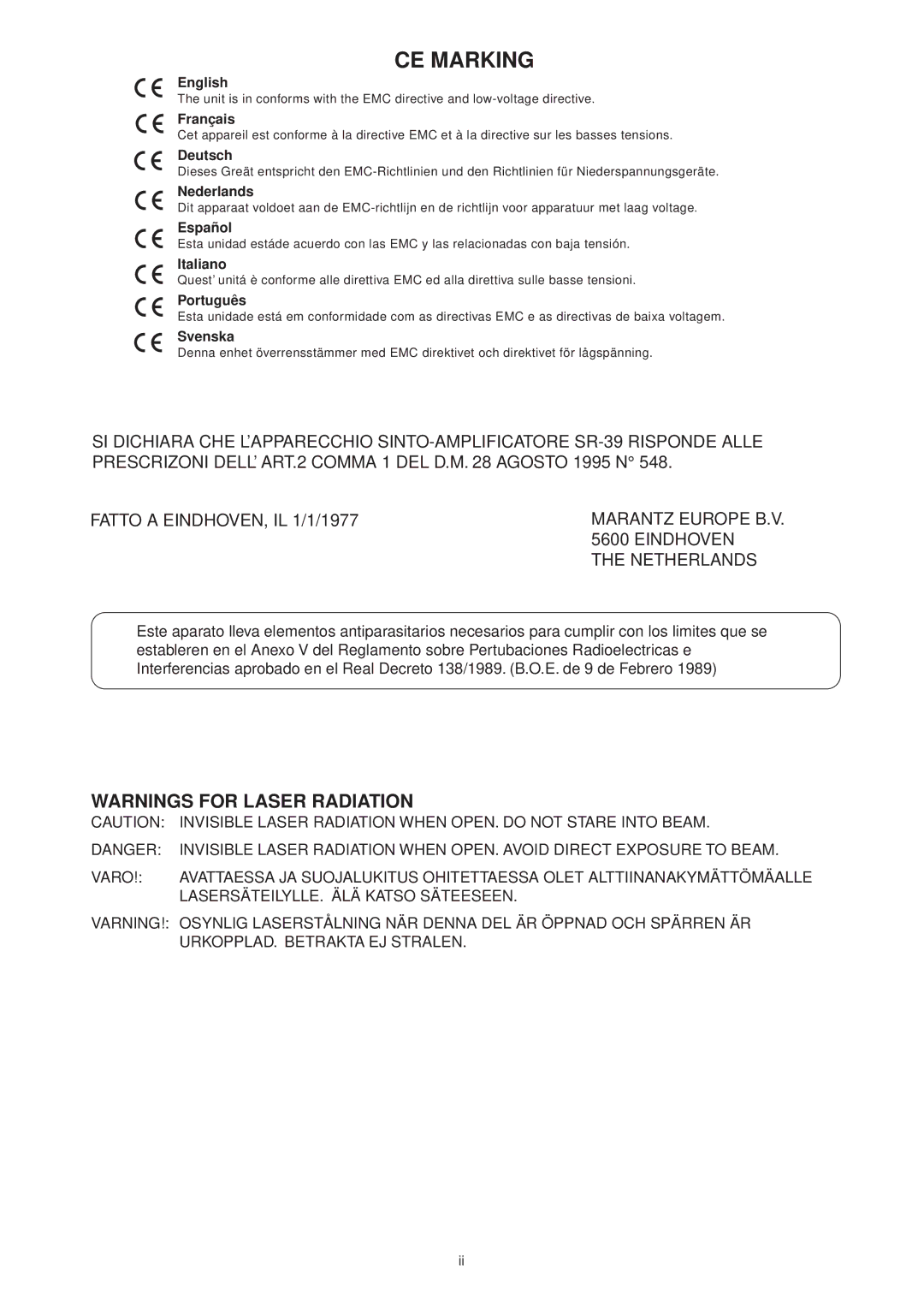 Marantz CDR631 manual English, Français, Deutsch, Nederlands, Español, Italiano, Português, Svenska 