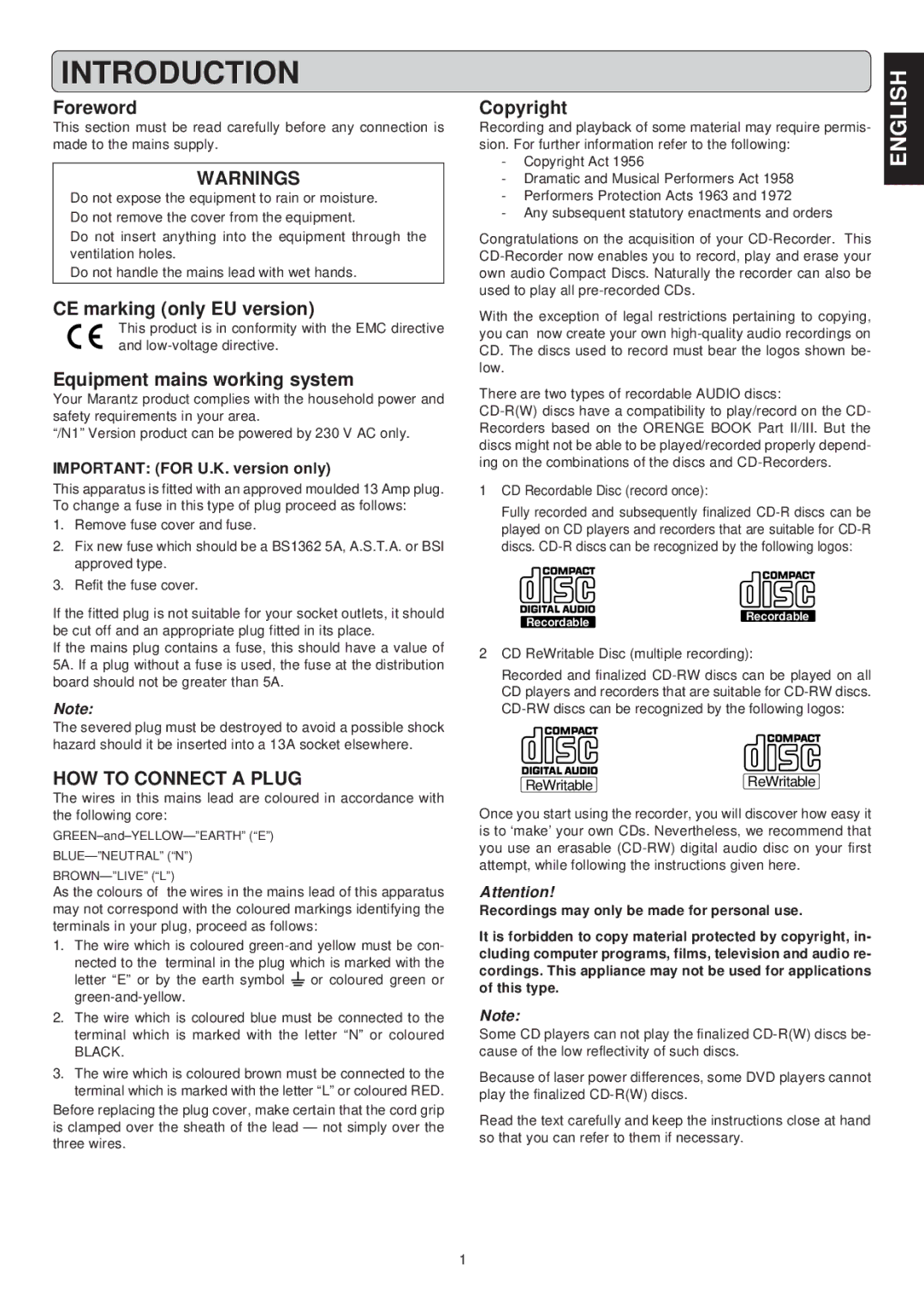 Marantz CDR631 manual Introduction, Foreword, CE marking only EU version, Equipment mains working system, Copyright 