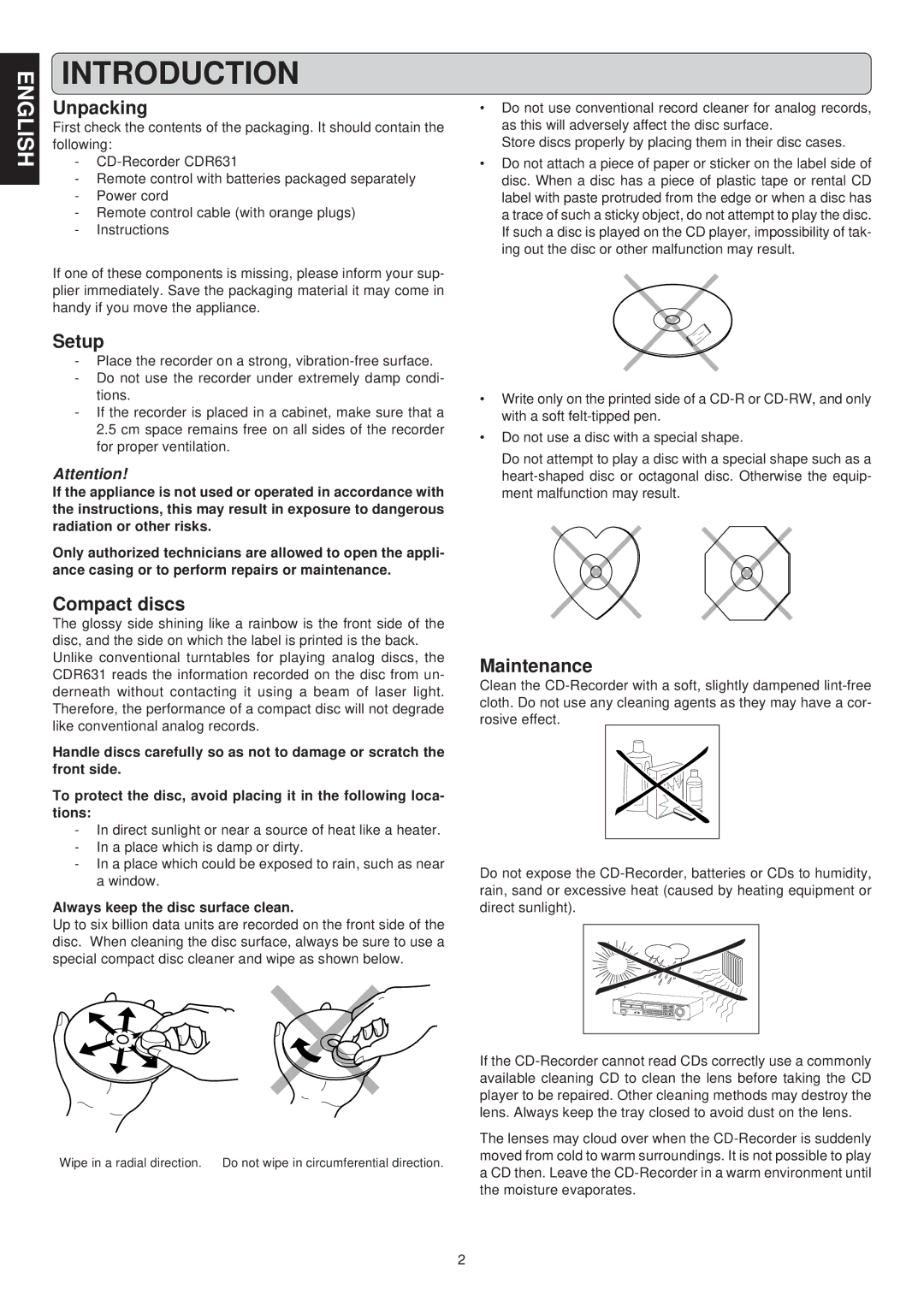 Marantz CDR631 manual Unpacking, Setup, Compact discs, Maintenance, Always keep the disc surface clean 