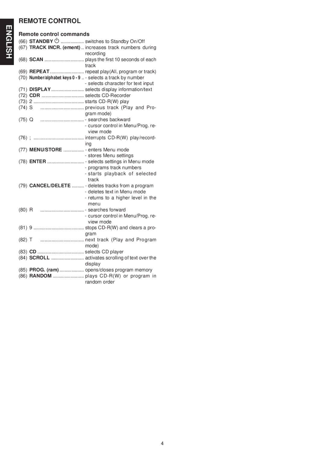 Marantz CDR631 manual Remote control commands 