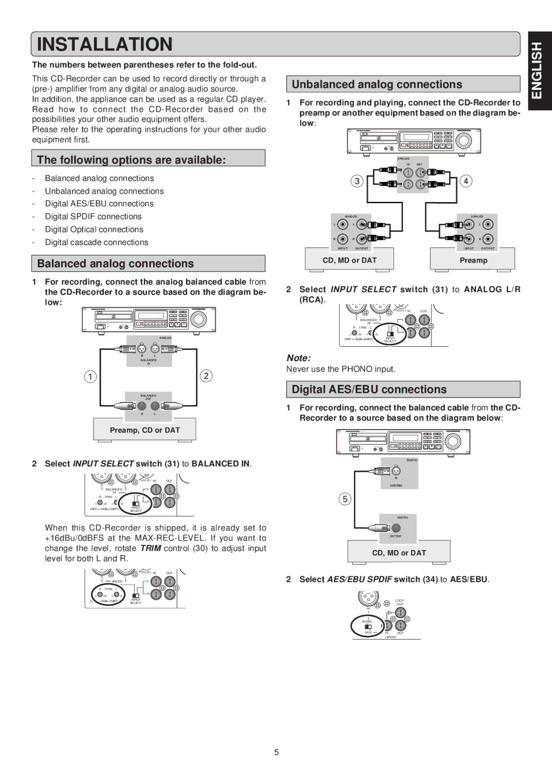 Marantz CDR631 Installation, Following options are available, Balanced analog connections, Unbalanced analog connections 