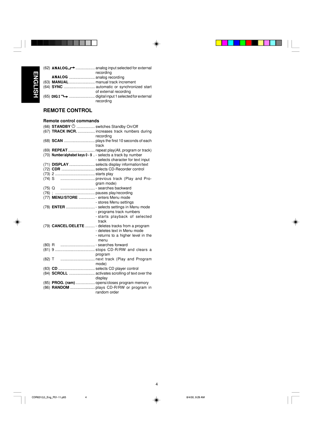 Marantz CDR631 manual Remote control commands, Sync 