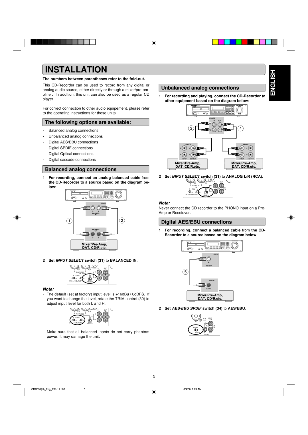 Marantz CDR631 Installation, Following options are available, Balanced analog connections, Unbalanced analog connections 