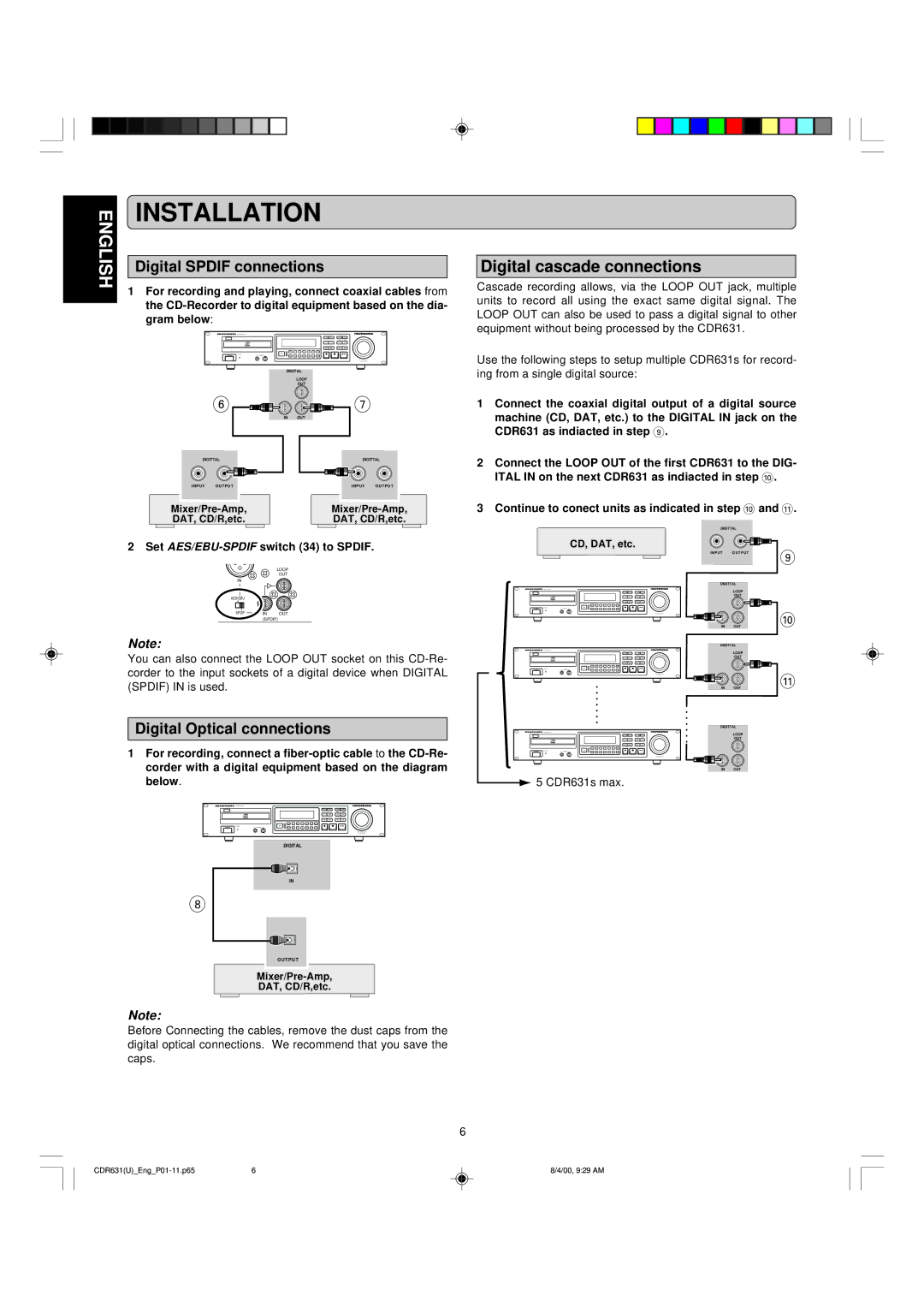 Marantz CDR631 manual Digital Spdif connections, Digital Optical connections, Set AES/EBU-SPDIFswitch 34 to Spdif 