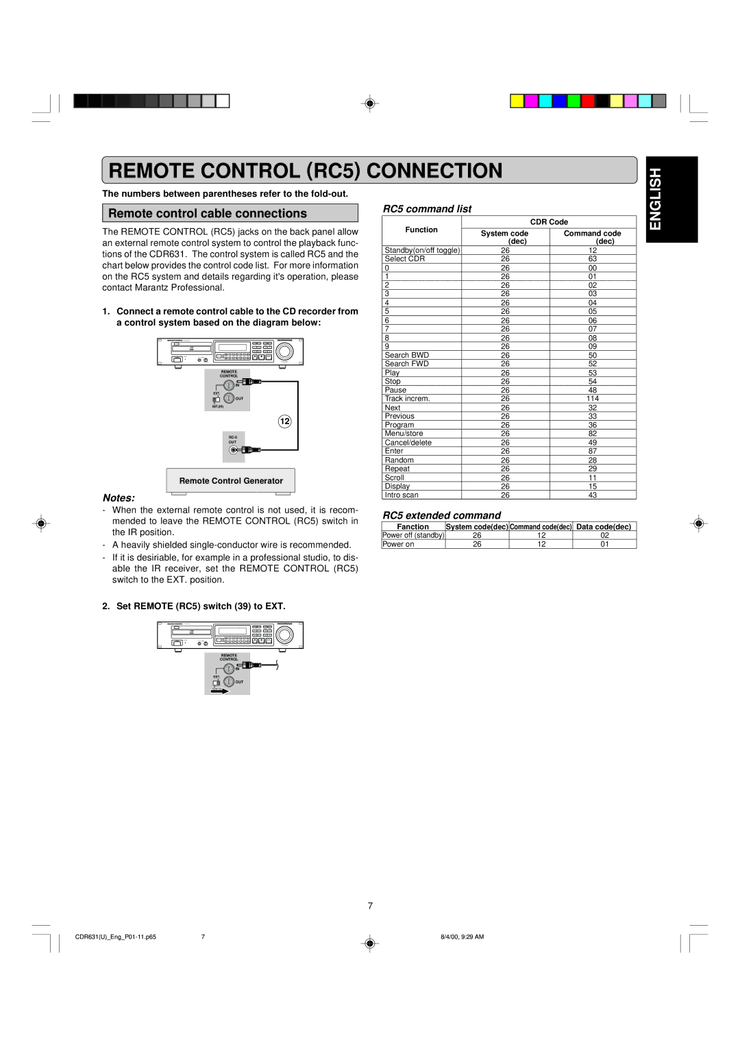 Marantz CDR631 manual Remote Control RC5 Connection, Remote control cable connections, Set Remote RC5 switch 39 to EXT 