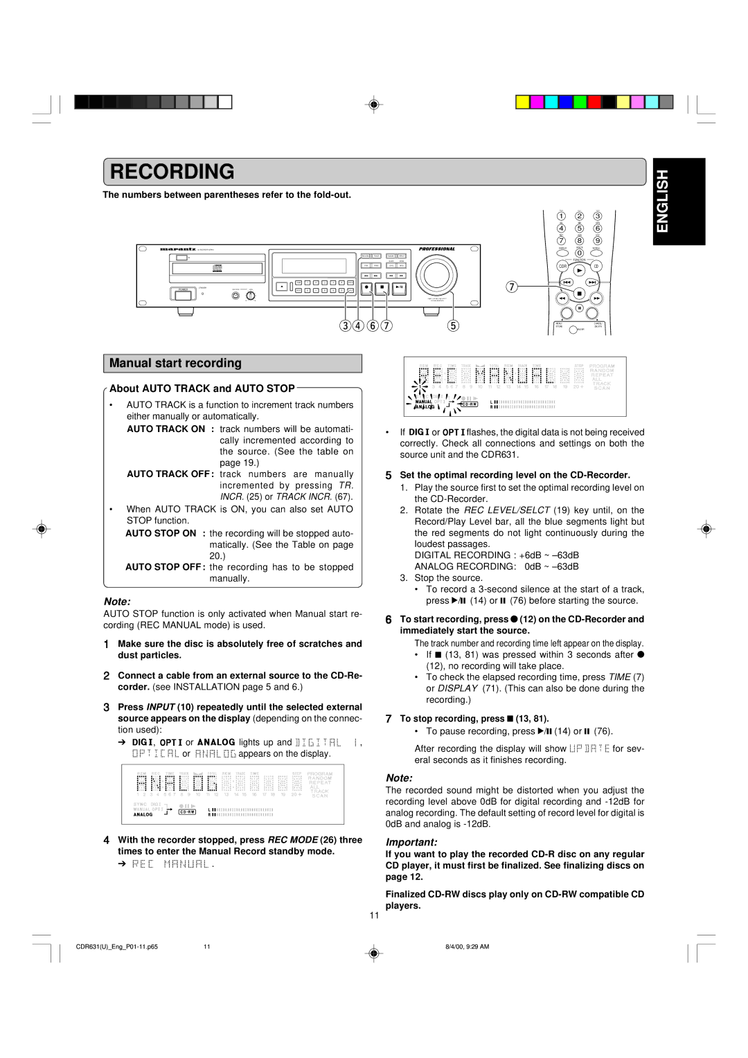 Marantz CDR631 Manual start recording, About Auto Track and Auto Stop, Set the optimal recording level on the CD-Recorder 