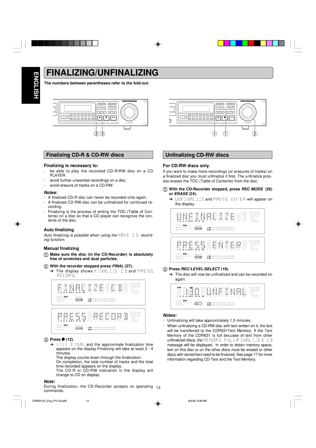 Marantz CDR631 manual Finalizing/Unfinalizing, Finalizing CD-R & CD-RW discs, Unfinalizing CD-RW discs 