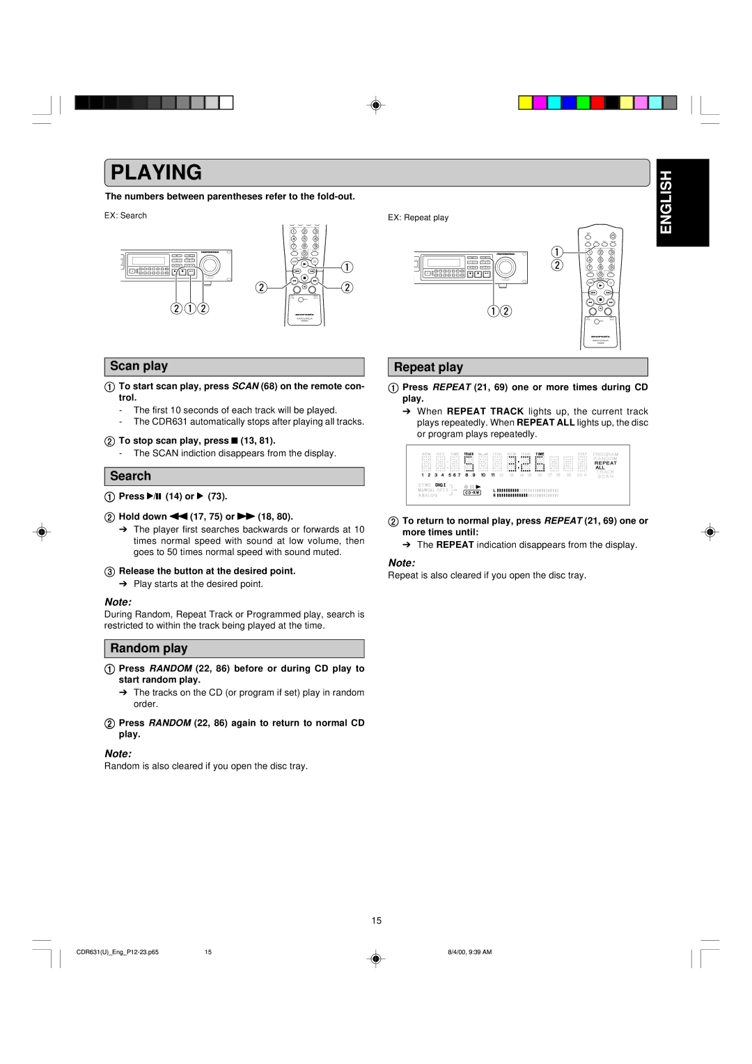 Marantz CDR631 manual Scan play, Repeat play, Search, Random play 