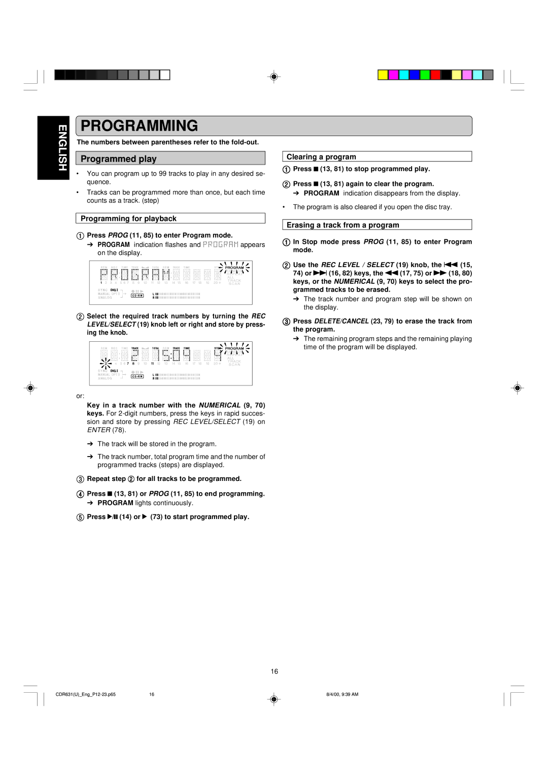 Marantz CDR631 manual Programmed play, Clearing a program, Programming for playback, Erasing a track from a program 