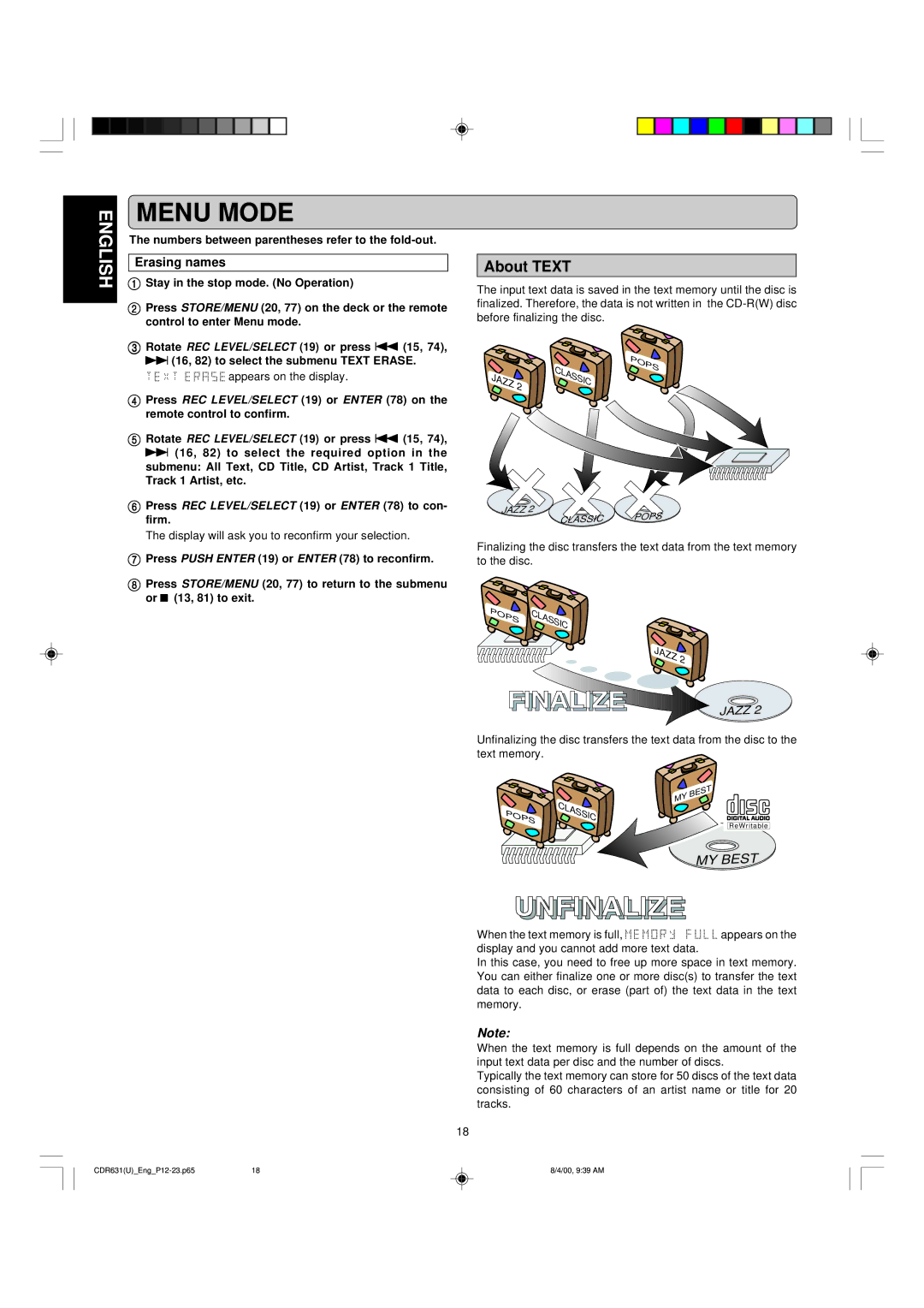 Marantz CDR631 manual About Text, Erasing names 