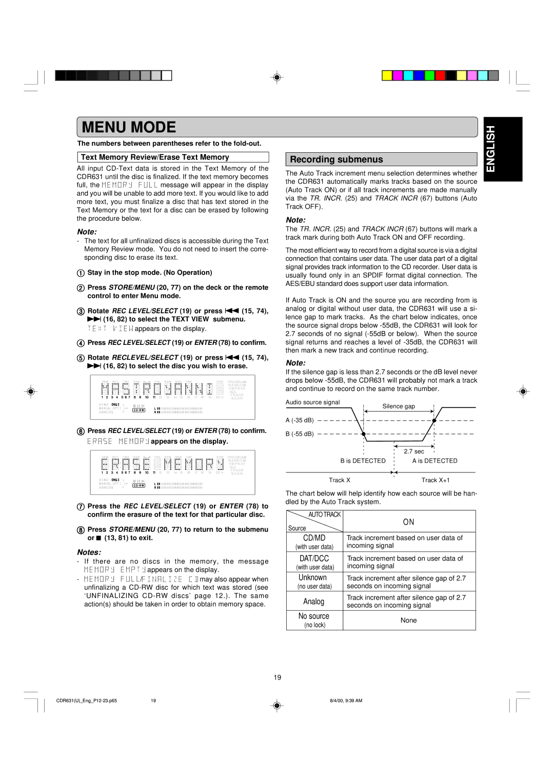 Marantz CDR631 manual Recording submenus, Text Memory Review/Erase Text Memory 